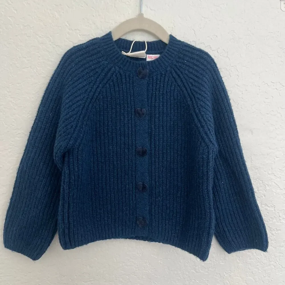 Zara Knit Cardigan Sweater Blue Heart Buttons Size 4Y NWT